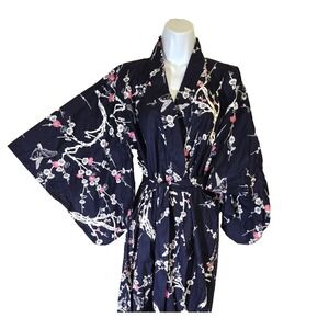 VTG Smithsonian Made in Japan Geisha Bird Floral Print Cotton Kimono Robe Size S